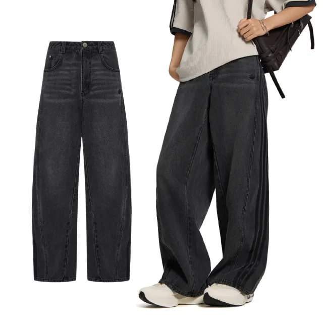 【adidas 愛迪達】Denim Pants W 女款 黑灰色 三葉草 丹寧 牛仔 休閒 長褲 LD6448