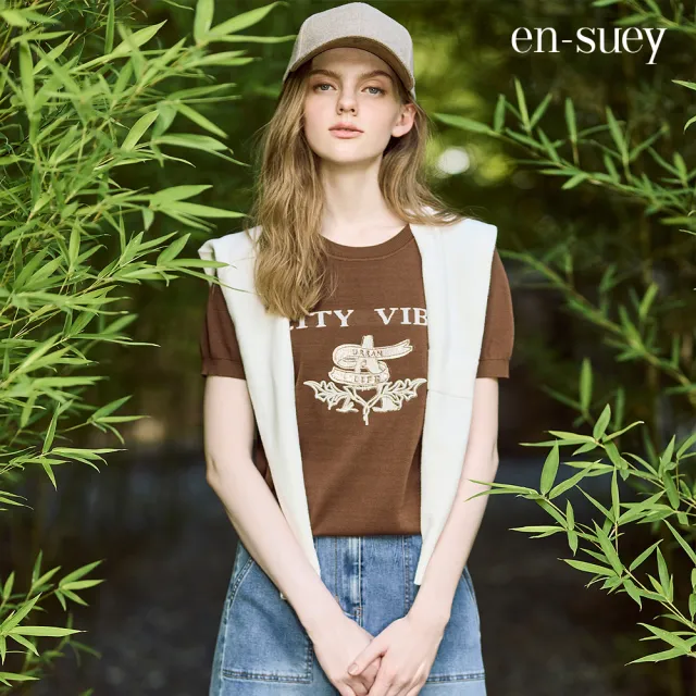 【en-suey 銀穗】學院風貼布刺繡短袖線衫-女