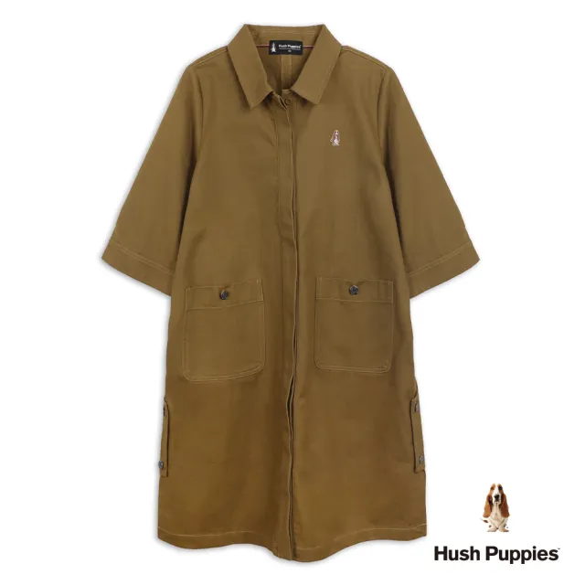 【Hush Puppies】女裝 洋裝 工裝口袋五分袖襯衫洋裝 (卡其綠 / 64215104)