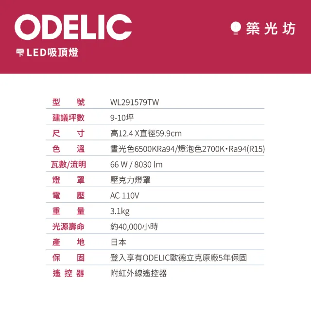 【ODELIC】歐德立克 9-10坪 66W 晶透亮 LED吸頂燈(WL291579RTW 調光調色 Ra94 日本製 五年保固)