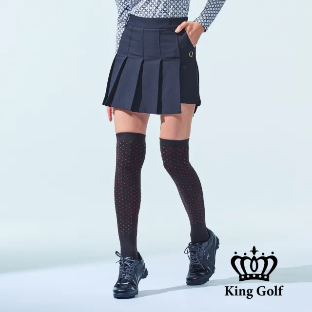 【KING GOLF】網路獨家單特-女款素色百摺不規則剪接高爾夫球運動短裙-黑色