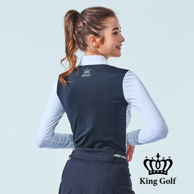【KING GOLF】速達-網路獨家單特-女款幾何線條草寫印花立領長袖上衣-灰色