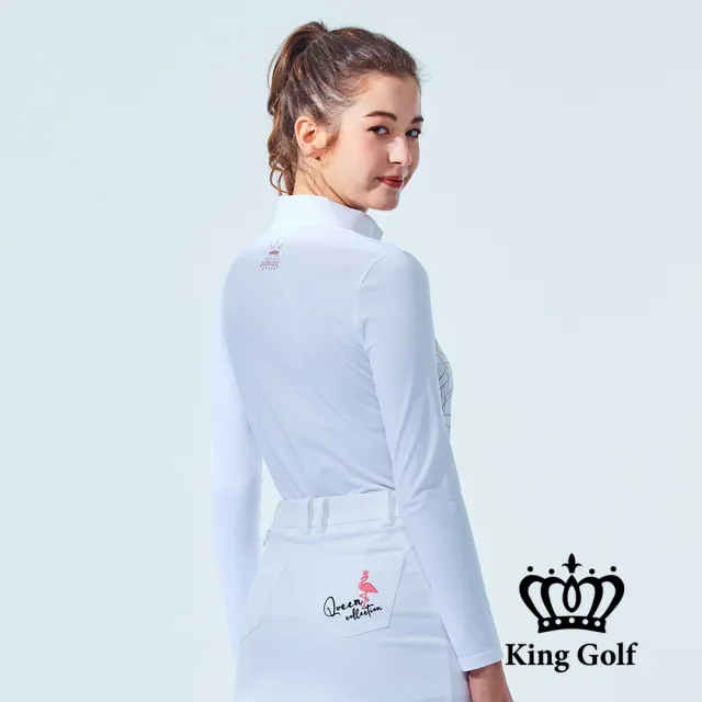 【KING GOLF】速達-網路獨家單特-女款幾何線條草寫印花立領長袖上衣-白色