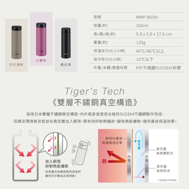 【TIGER 虎牌】夢重力雙層不鏽鋼保溫瓶300ml(MMP-W030輕量隨行杯/保溫保冰)