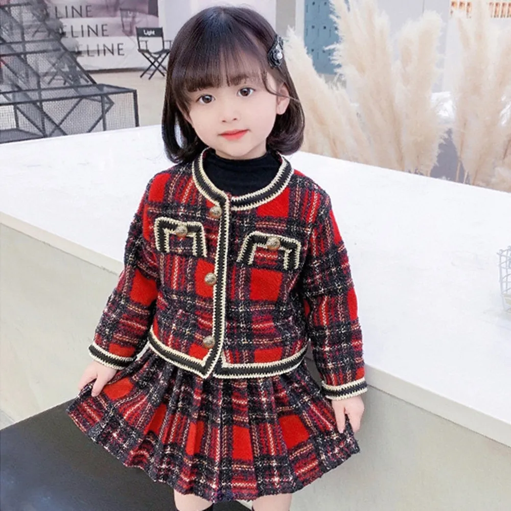 【橘魔法】學院風黑紅格紋毛呢長袖外套+短裙 套裝(厚外套 女童 童裝 兒童 聖誕節 過年 喜宴 新年 大紅)