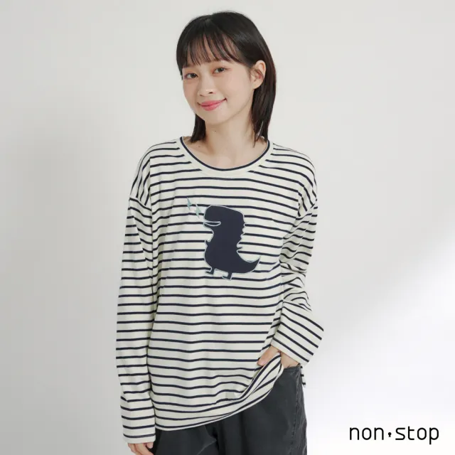 【non-stop】恐龍貼布條紋長袖T恤-2色
