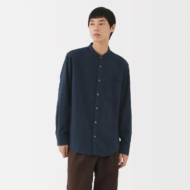【MUJI 無印良品】男雙面起毛法蘭絨立領長袖襯衫(柔白/卡其/深藍/棕色/淺綠格紋/藍格紋/暗藍直紋/淺棕直紋)