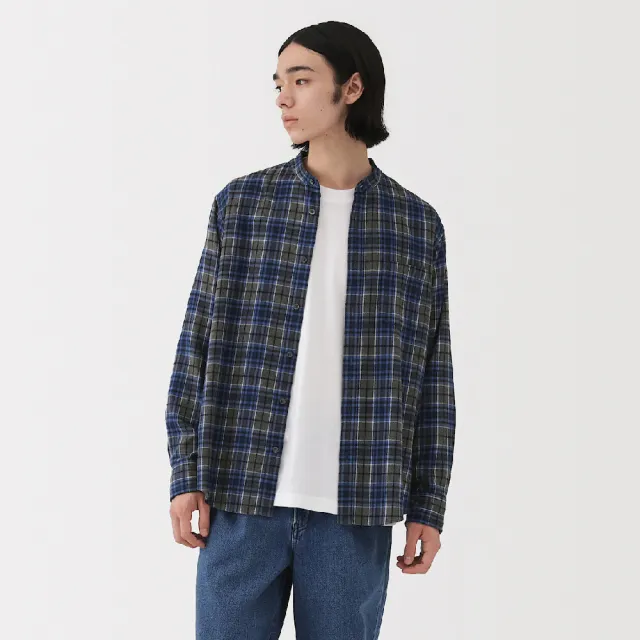 【MUJI 無印良品】男雙面起毛法蘭絨立領長袖襯衫(柔白/卡其/深藍/棕色/淺綠格紋/藍格紋/暗藍直紋/淺棕直紋)