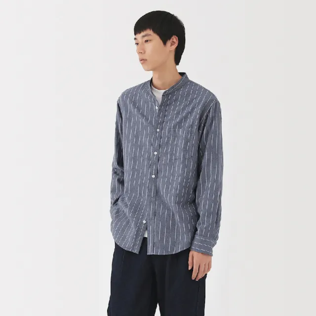 【MUJI 無印良品】男雙面起毛法蘭絨立領長袖襯衫(柔白/卡其/深藍/棕色/淺綠格紋/藍格紋/暗藍直紋/淺棕直紋)