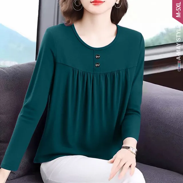 【Amay Style 艾美時尚】秋新品 中大尺碼女裝 T恤 簡約圓領抓皺顯瘦感長袖上衣。M-5XL(5色.預購)