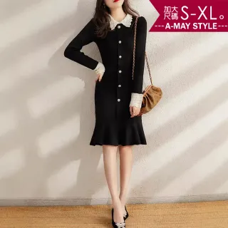 【Amay Style 艾美時尚】秋新品 中大尺碼女裝 連身裙 小香風優雅花邊領撞色拼接針織洋裝。S-XL(黑.預購)