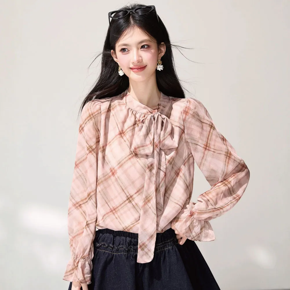 【Alishia】甜美氣質經典格紋綁帶雪紡衫 長袖 上衣 S-2XL(粉格紋)