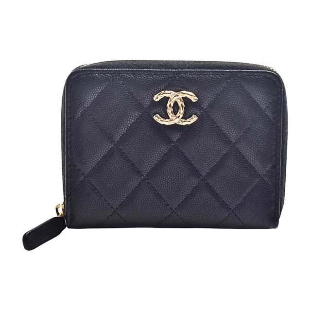 【CHANEL 香奈兒】經典螺旋雙C LOGO菱格紋牛皮拉鍊短夾(黑色)