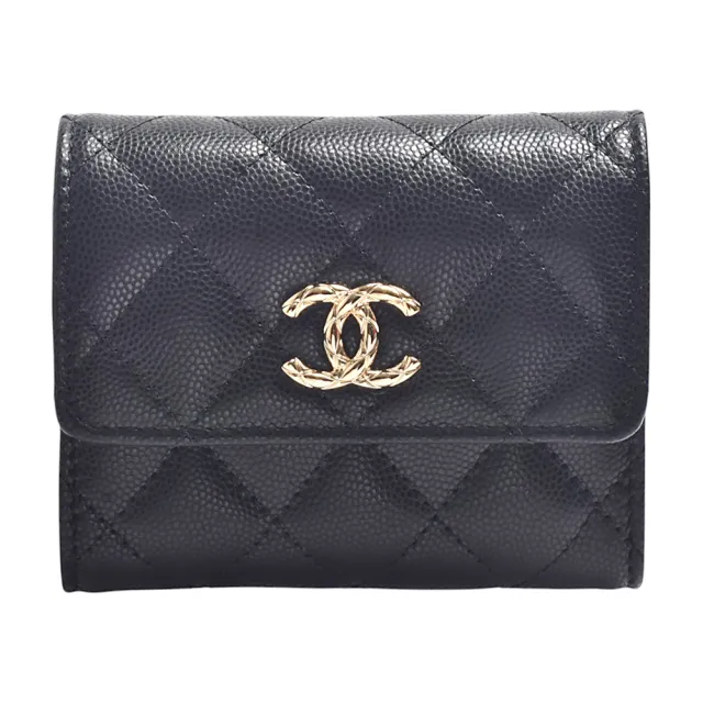 【CHANEL 香奈兒】經典螺旋雙C LOGO菱格紋牛皮三折暗釦短夾(黑色)