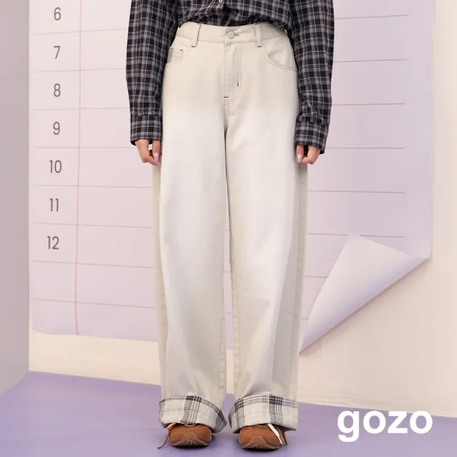 【gozo】A｜格紋印染反褶直筒寬褲(淺灰/淺卡其)