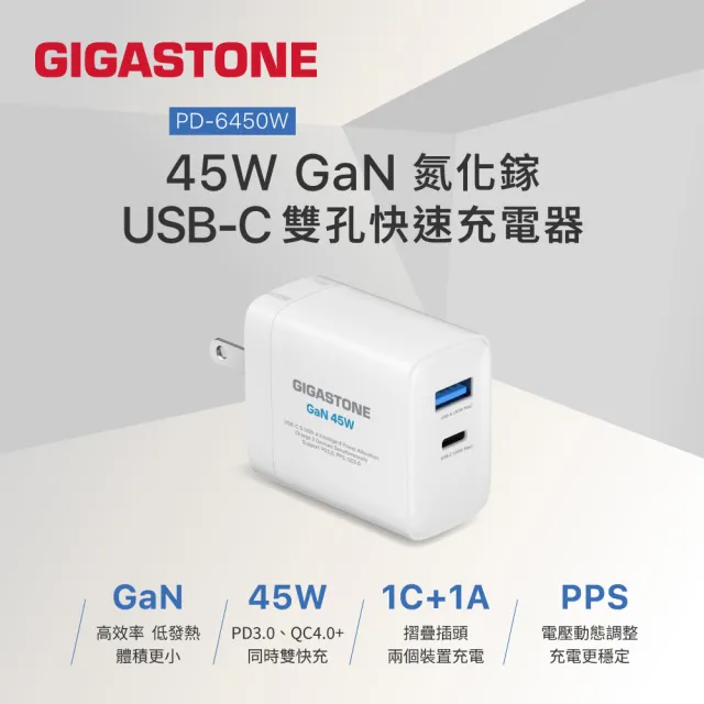 【Gigastone 立達國際】PD/QC3.0 45W雙孔快速充電器PD-6450W(iPhone/手機/平板/快充充電頭)