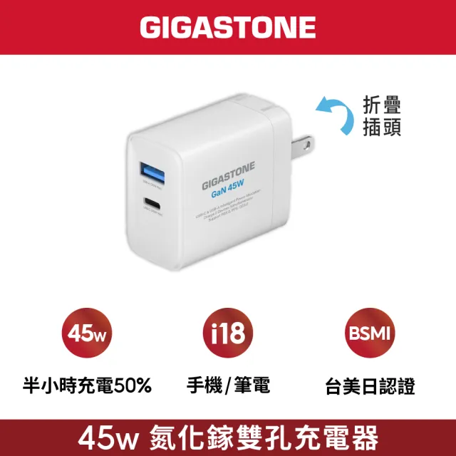 【Gigastone 立達國際】PD/QC3.0 45W雙孔快速充電器PD-6450W(iPhone/手機/平板/快充充電頭)