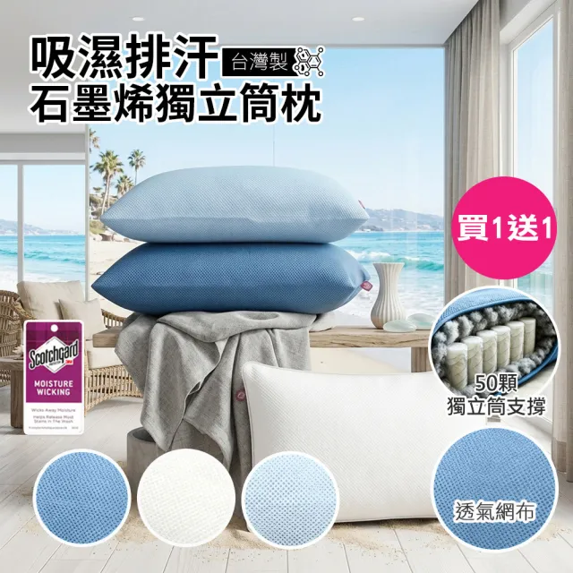 【Sleep Peacefully 寢室安居】買1送1 台灣製 3M吸濕排汗石墨烯獨立筒枕 多色任選