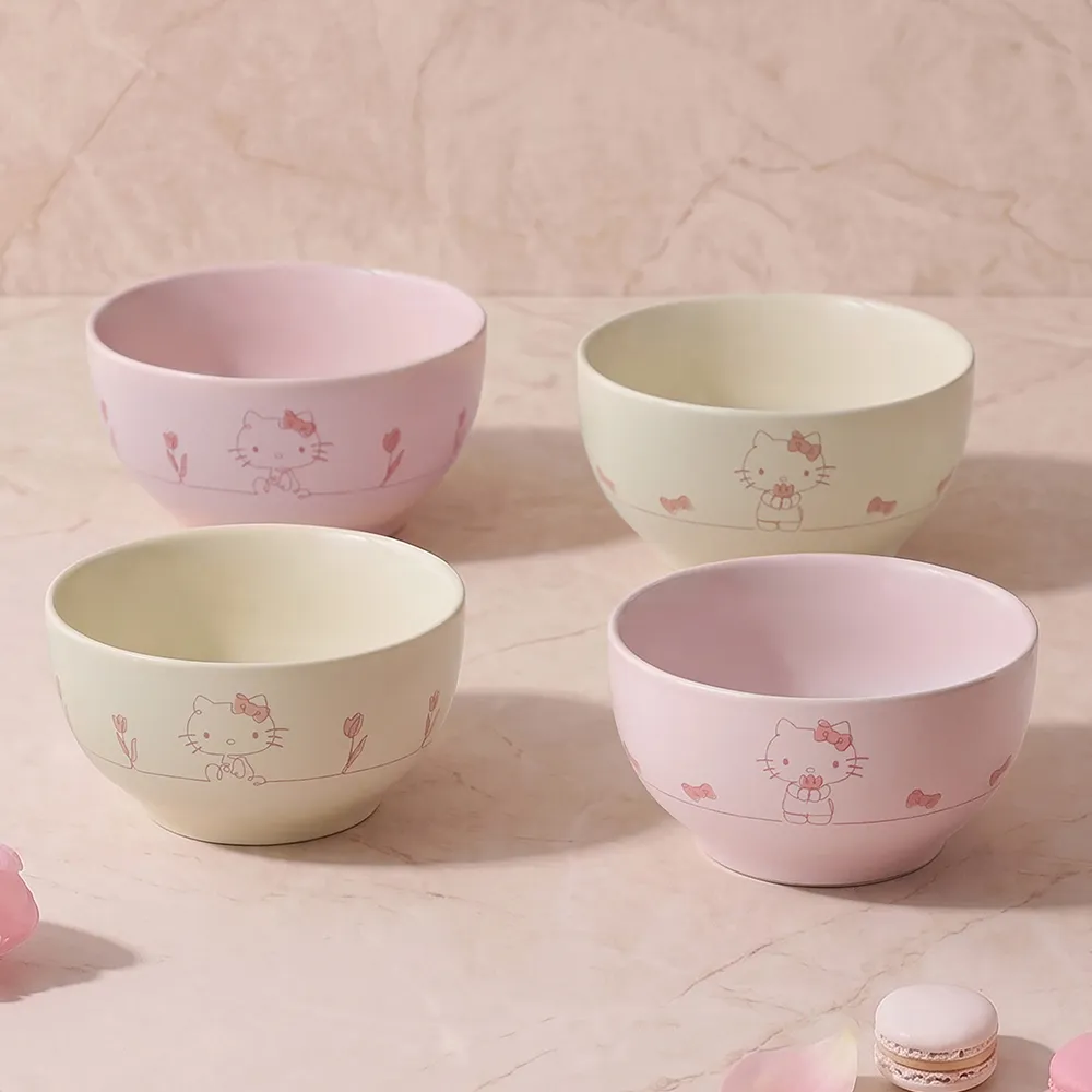 【STAUB】Hello Kitty 粉紅奶酪&燕麥白圓形陶瓷餐碗12cm雙色4件組-凱蒂花語(德國雙人集團官方直營)