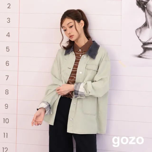 【gozo】A｜巴恩風格紋內裡工裝外套(淺卡其/淺綠)