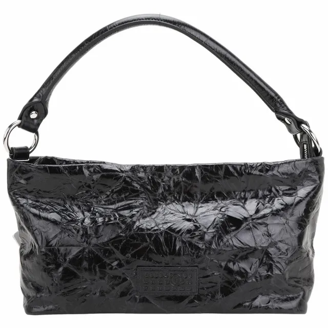 【MM6 MAISON MARGIELA】Numeric hobo 數字皮標皺褶牛皮 肩背包(黑色 法國精品)