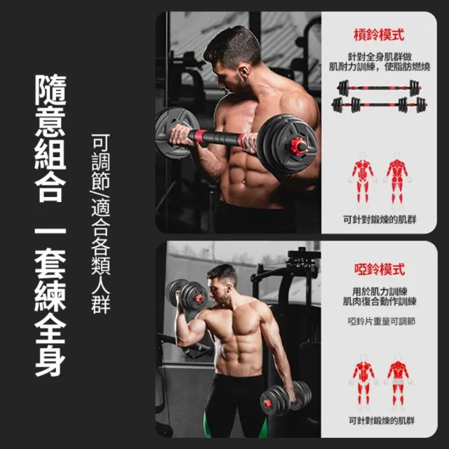 【happiness 幸福來】50kg可調式啞鈴+可變槓鈴套裝 重量訓練 啞鈴 槓鈴 重量訓練 肌肉鍛鍊 防滑啞鈴