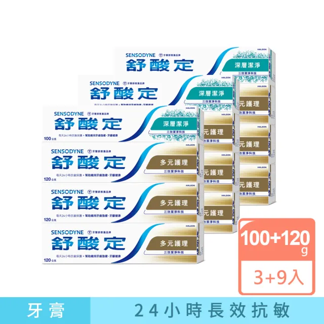 【SENSODYNE 舒酸定】日常防護 長效抗敏牙膏超值12入組(多元護理120g*9+深層潔淨100g*3)