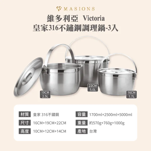 【MASIONS 美心】維多利亞 Victoria 皇家316不鏽鋼調理鍋3入組(不挑爐/台灣製造)