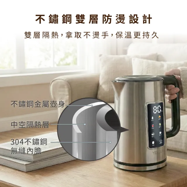 【元山】1.7L觸控式彩屏304不鏽鋼雙層電茶壺 YS-5172EPT