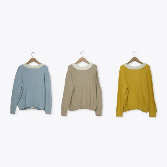 【MOSS CLUB】2WAY撞色領邊絨毛針織外套 藍 駝 黃(魅力商品)