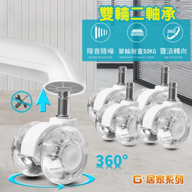 【G+ 居家】辦公椅2吋萬向PU輪5入組-晶透水晶白(活動腳輪/電腦椅輪子/靜音輪/萬向輪/溜溜輪)
