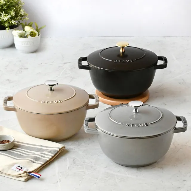 【STAUB】迴力釘點琺瑯鑄鐵鍋和食鍋20cm贈陶缽烤盤4+1件組(德國雙人牌集團官方直營)