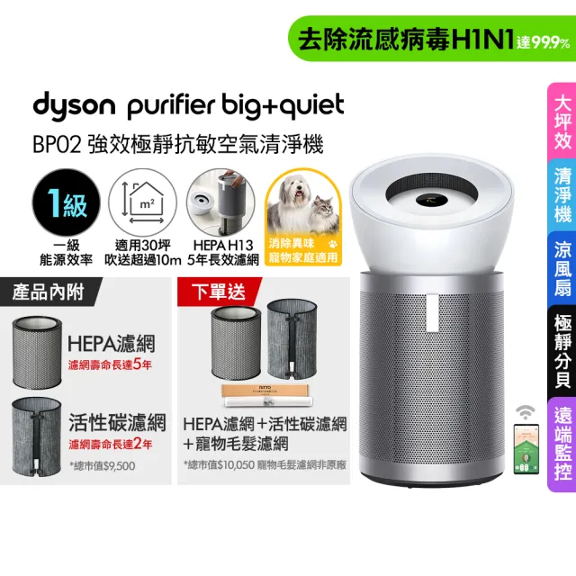 【dyson 戴森】BP02 Purifier Big+Quiet 強效極靜抗敏空氣清淨機(白色及柔霧銀 適用30坪)