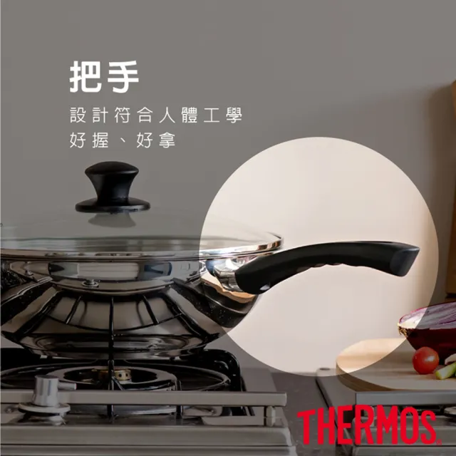 【THERMOS 膳魔師】獨家專售_不鏽鋼含蓋單柄炒鍋28cm+不鏽鋼單柄湯鍋牛奶鍋18cm(LPD-28HB-S+MLK-S18)