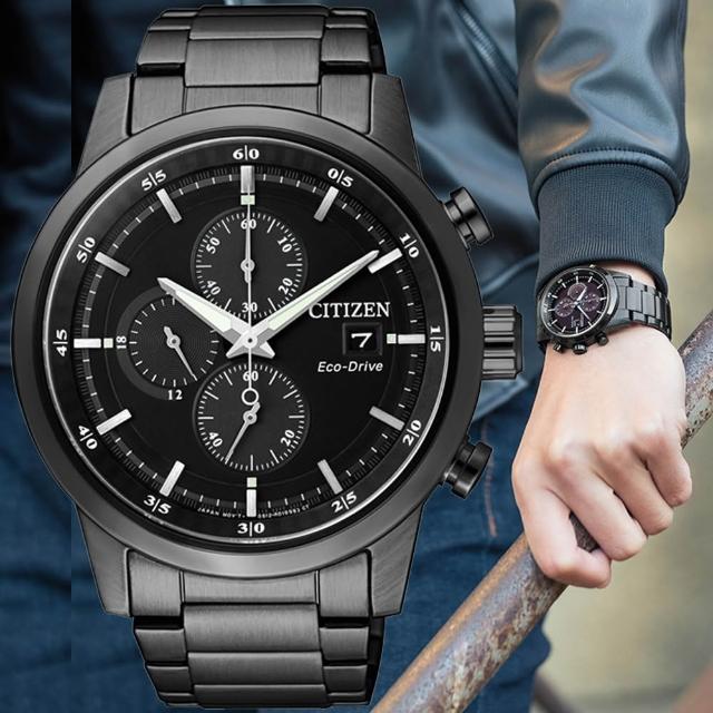 【CITIZEN 星辰】光動能三眼計時男錶 手錶-黑/43mm 生日禮 送禮(CA0615-59E)