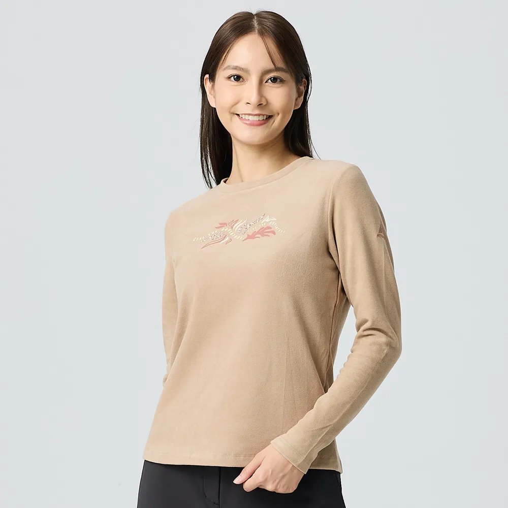 【ATUNAS 歐都納】女款經典保暖長袖圓領衫(A2TS2540W奶茶/刷絨柔軟/素面長T/日常休閒)