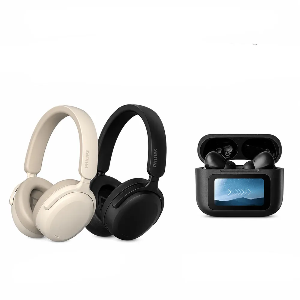 【Philips 飛利浦】大小耳獨家組合 TAH2500 AI mic動態低音ANC降噪藍牙耳罩耳機+TAT2630觸控螢幕藍牙耳機