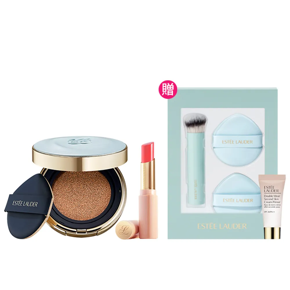 【Estee Lauder 雅詩蘭黛】粉持久氣墊水啵啵潤唇膏組(完美鎖妝氣墊粉餅+琉璃潤唇膏/底妝/週年慶限定)