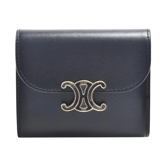 【CELINE】經典品牌黑金琺瑯LOGO TRIOMPHE 亮澤光滑小牛皮短夾(黑色)