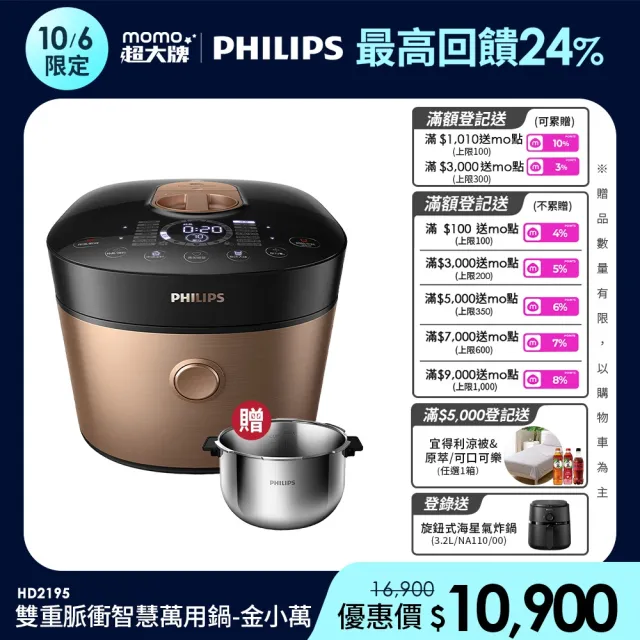 【Philips 飛利浦】送氣炸鍋NA110_雙重脈衝智慧萬用鍋/壓力鍋_HD2195_金小萬