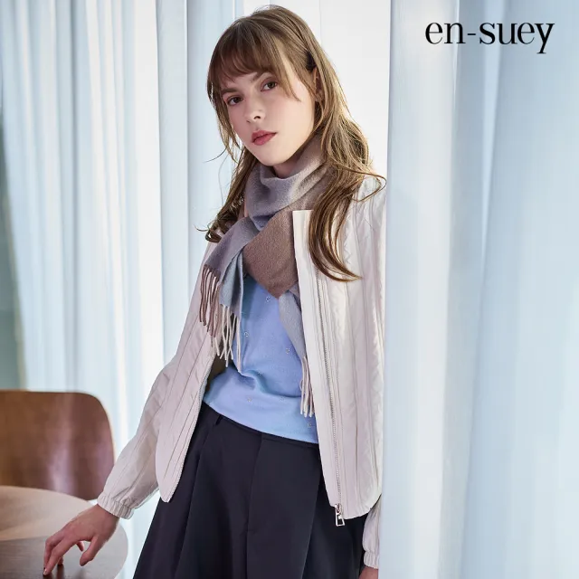 【en-suey 銀穗】EU極簡落肩坑條壓紋鋪棉短版外套-女