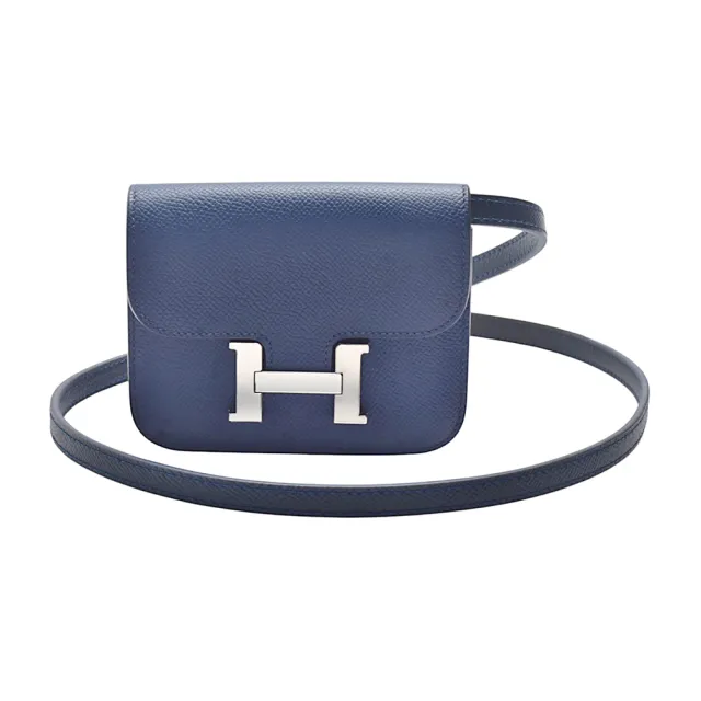 【Hermes 愛馬仕】經典Constance Slim 系列 H LOGO銀釦腰包/短夾-附可拆式零錢包(午夜藍色)