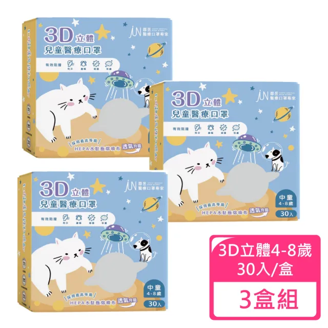 【JUN 郡昱】4-8歲兒童3D立體醫療口罩-30入/盒-百搭純色系列 3盒組 (台灣製造 3D口罩 立體口罩 兒童口罩)