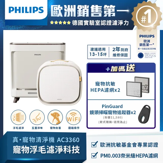 【Philips 飛利浦】毛小奈+毛小奈Lite寵物空氣清淨機-雙入組(AC3360/80)+(AC3681/81)