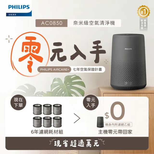 【Philips 飛利浦】零元入手AC0850★六年份濾網組★奈米級勁護濾網(FY0293/30)6入組★適用9坪 (AC0850)