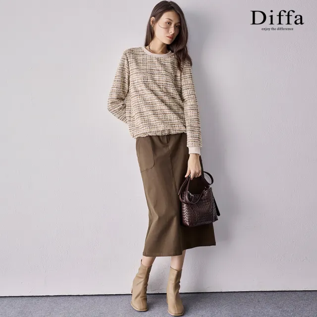 【Diffa】卡其花紗小香風抽繩上衣-女
