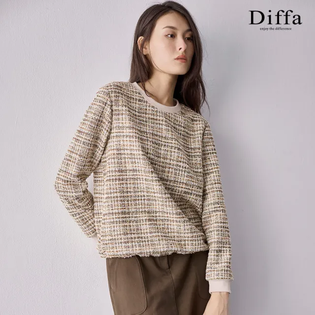 【Diffa】卡其花紗小香風抽繩上衣-女