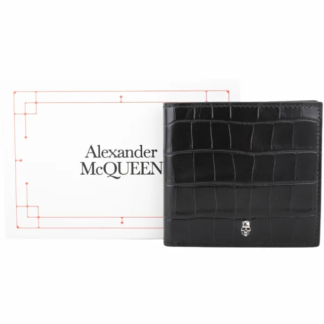 【Alexander McQueen】骷髏頭銀飾鱷魚紋壓花8卡對折短夾(黑色 皮夾 錢包)