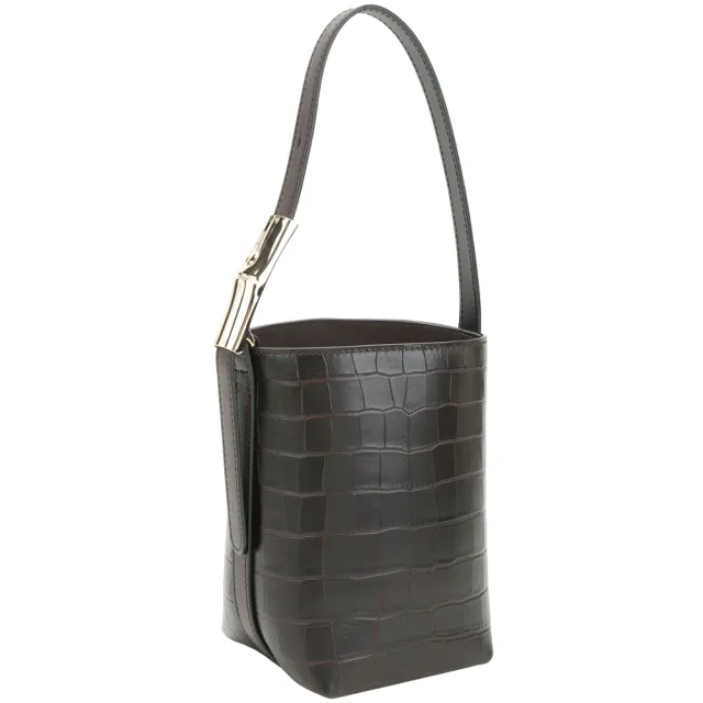 【LONGCHAMP】Le Smart XS 竹節釦鱷魚紋小牛皮手提水桶包(摩卡色 法國精品)