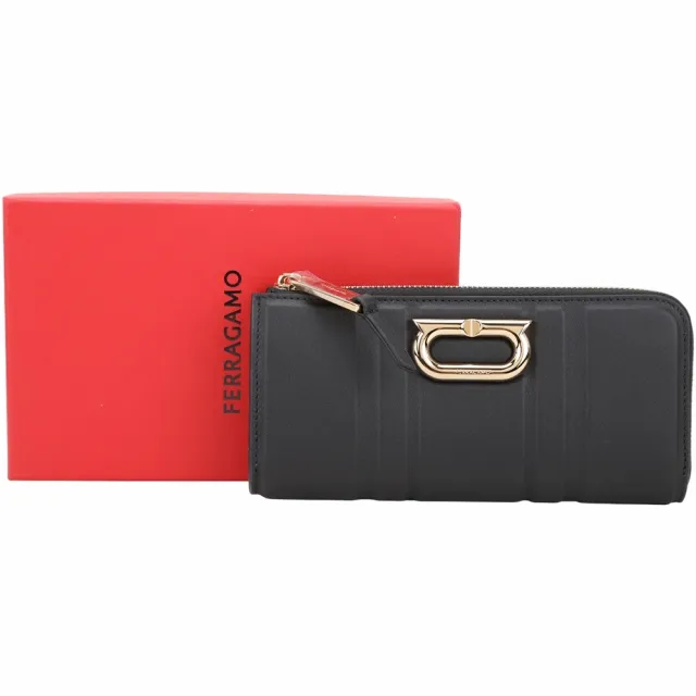 【Salvatore Ferragamo】GANCINI 馬蹄金浮雕條紋小牛皮拉鍊長夾(黑色 皮夾 錢包)